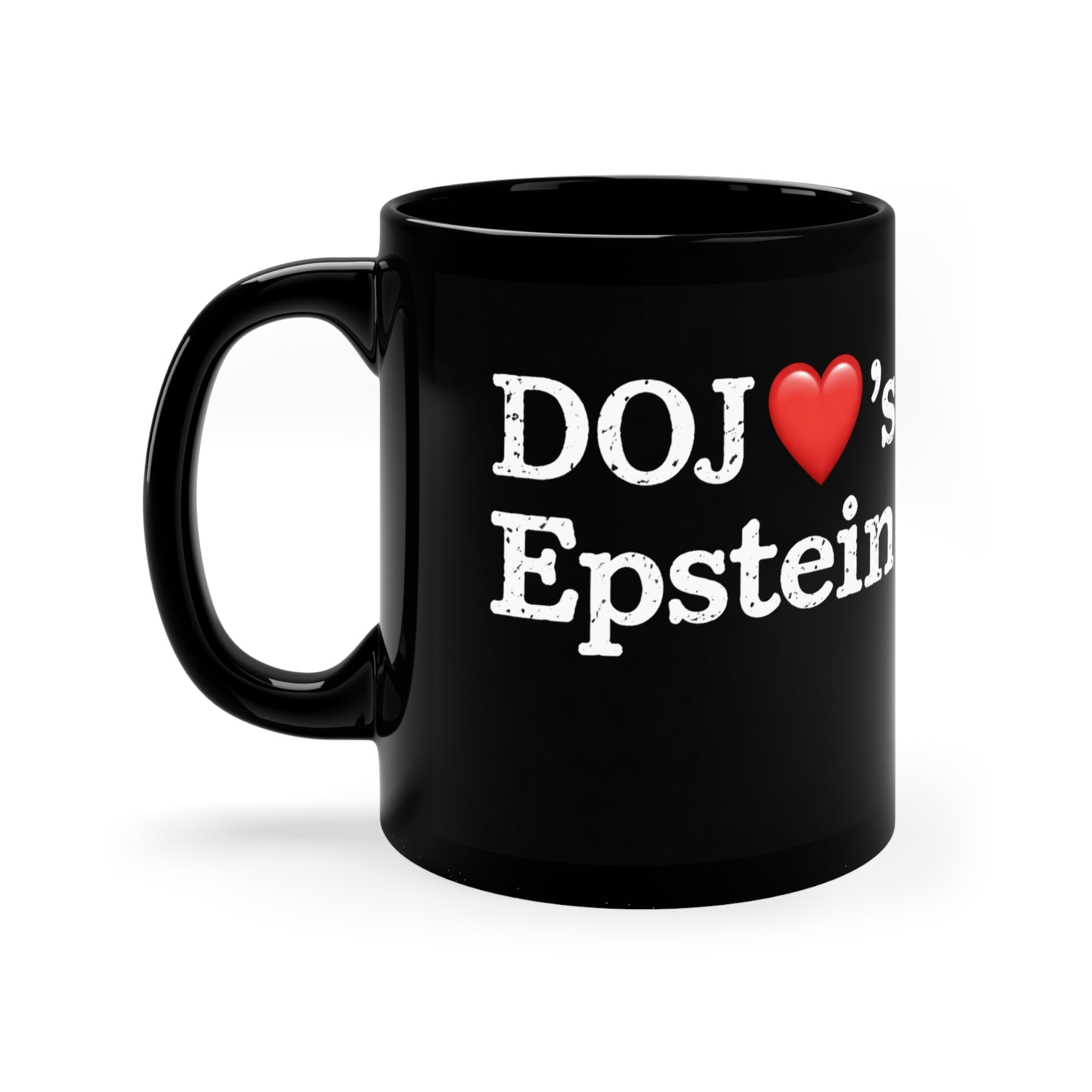 DoJ Loves Epstein Mug — Black 11oz Coffee Cup