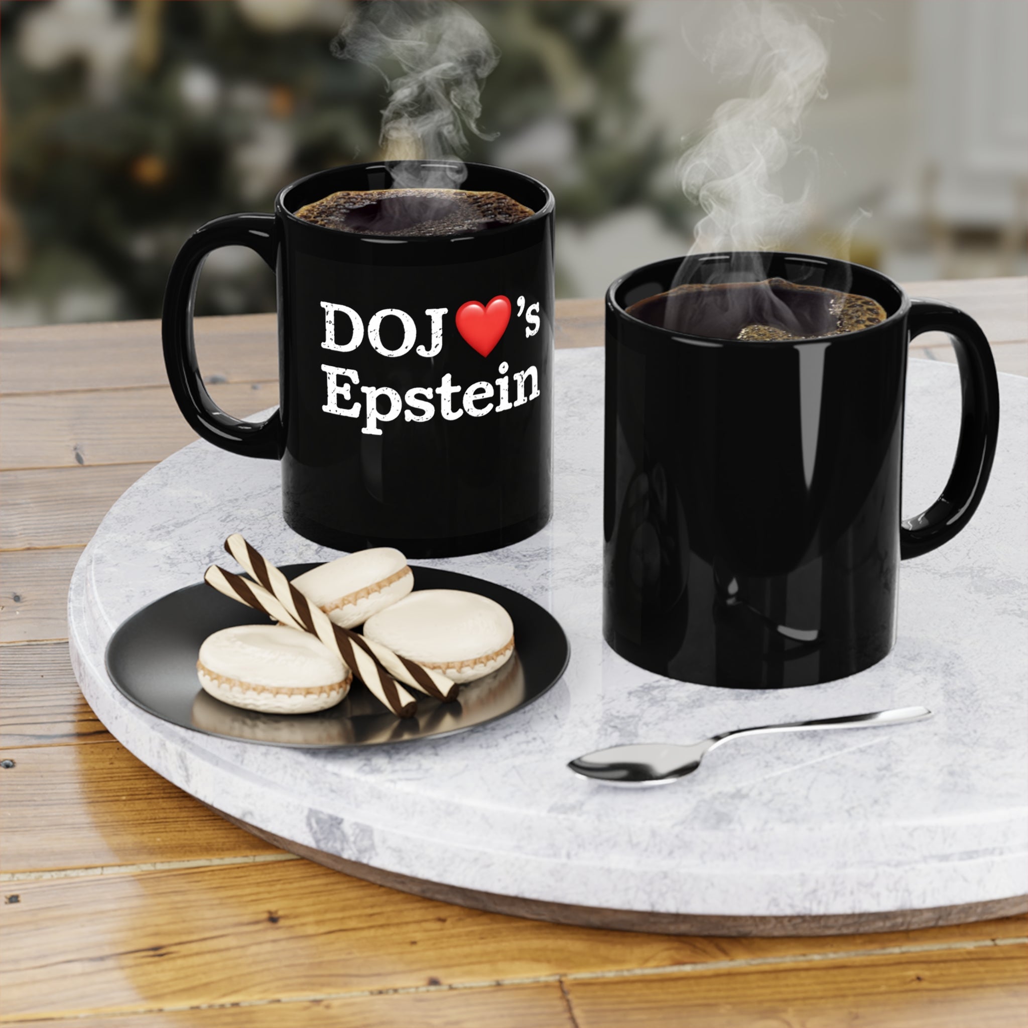 DoJ Loves Epstein Mug — Black 11oz Coffee Cup